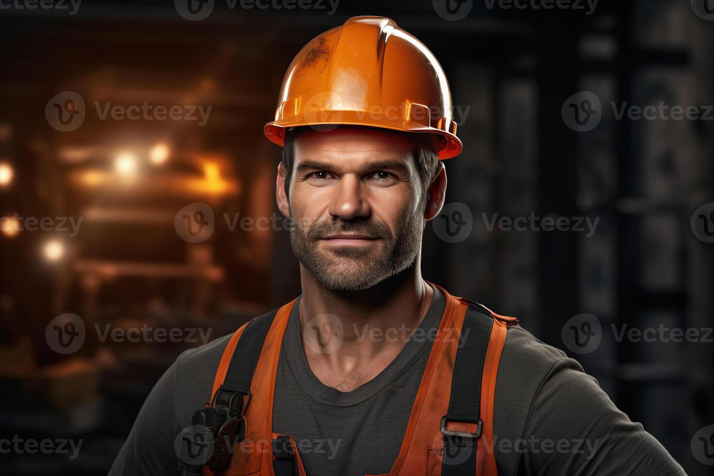 Portrait of male worker wearing a hard hat and safety harness in an industrial environment photo