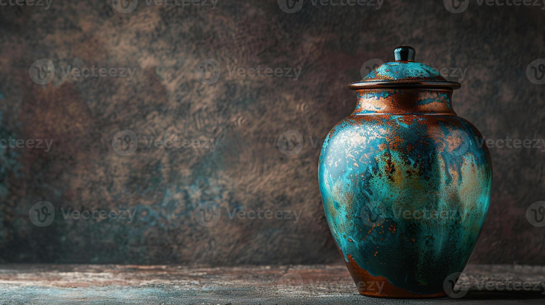 Cremation urn for ashes displayed against a simple empty background with ample copy space photo