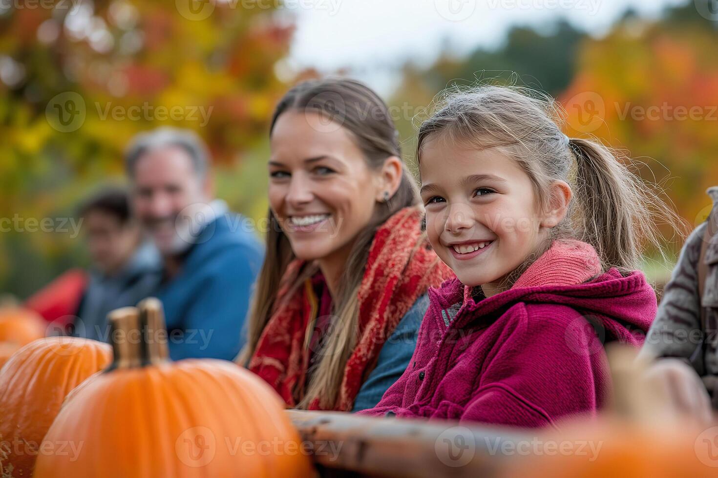 Family enjoying a hayride amidst vibrant autumn foliage in a rural setting. photo