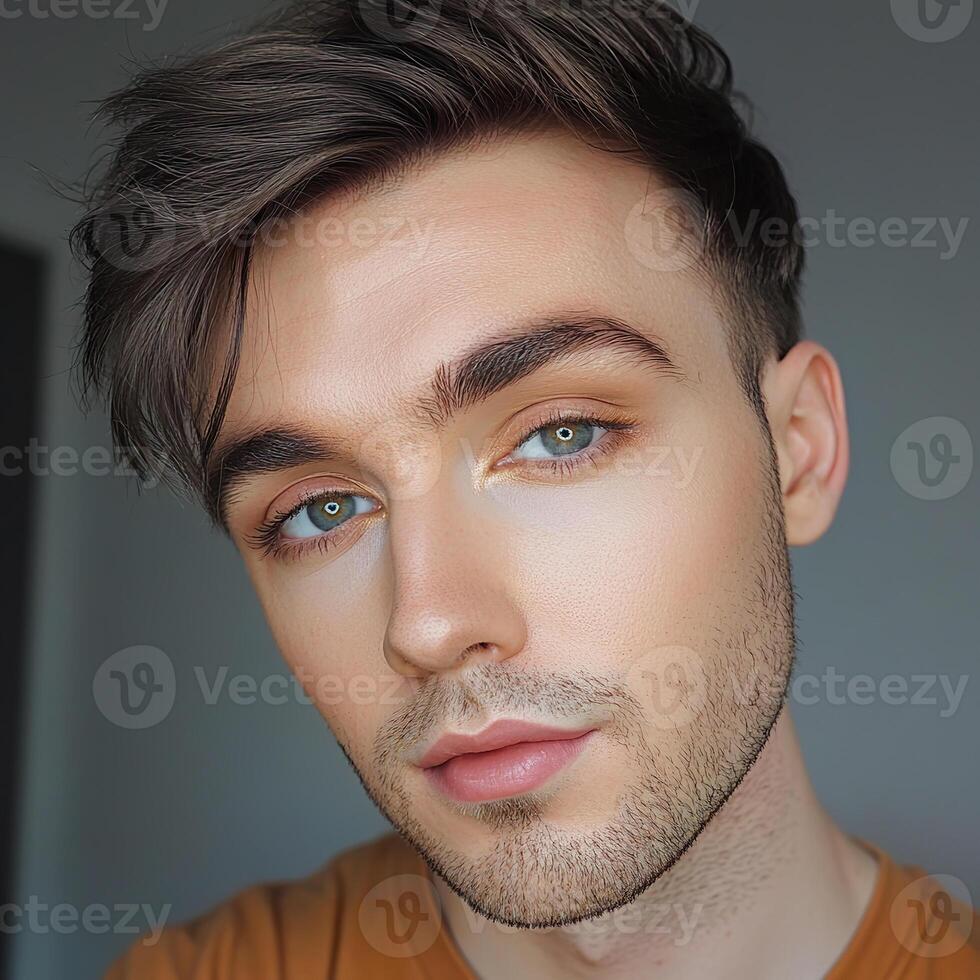 male everyday makeup highlighting natural features at home. photo