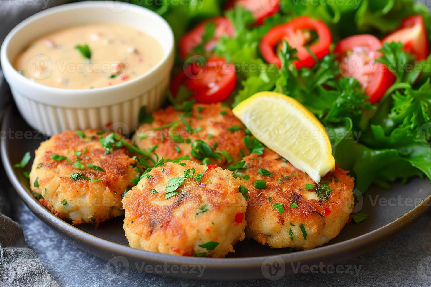 Savory crab cakes accompanied by creamy remoulade sauce and crisp vegetables on a plate photo