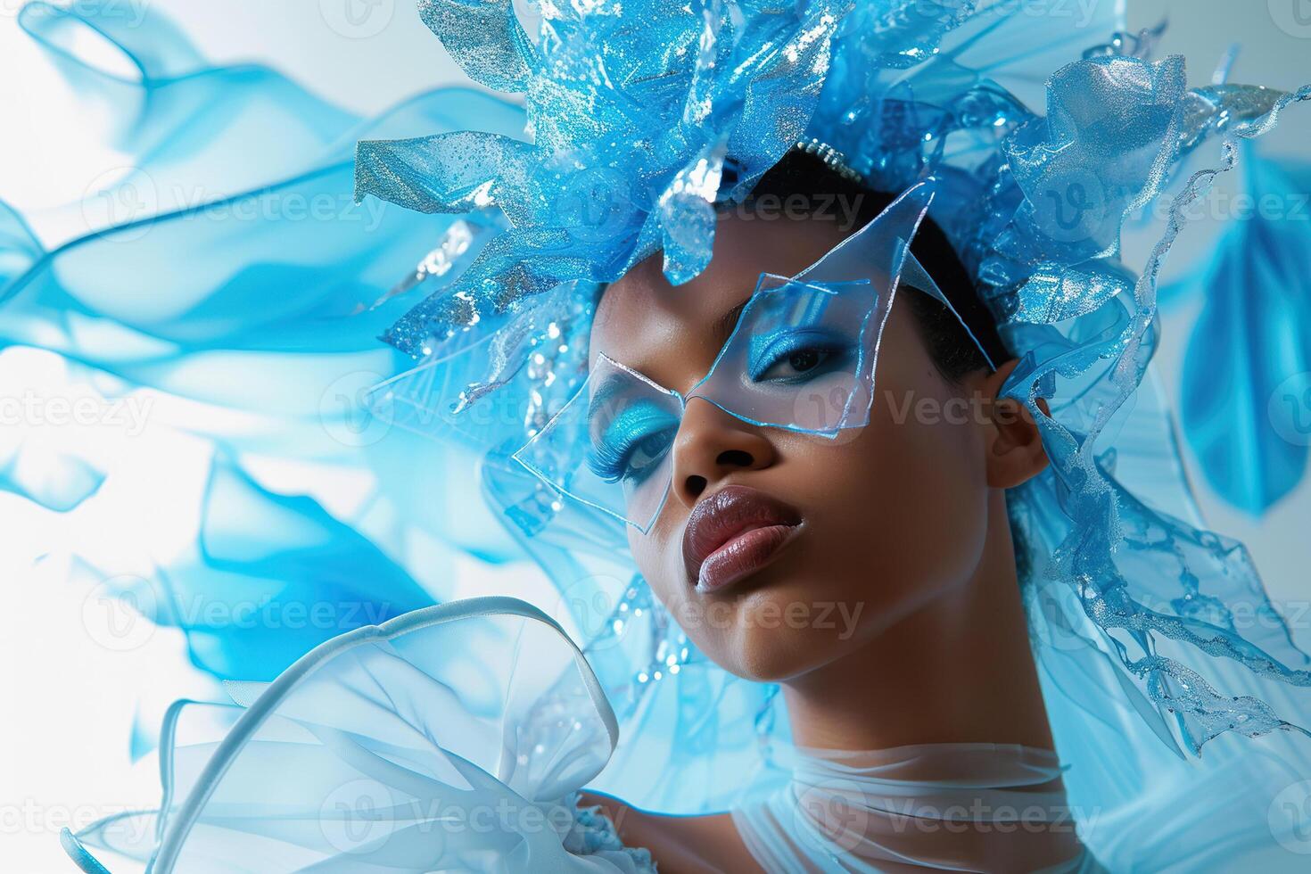 Female model showcases bold fashion fusion with artistic blue elements. photo