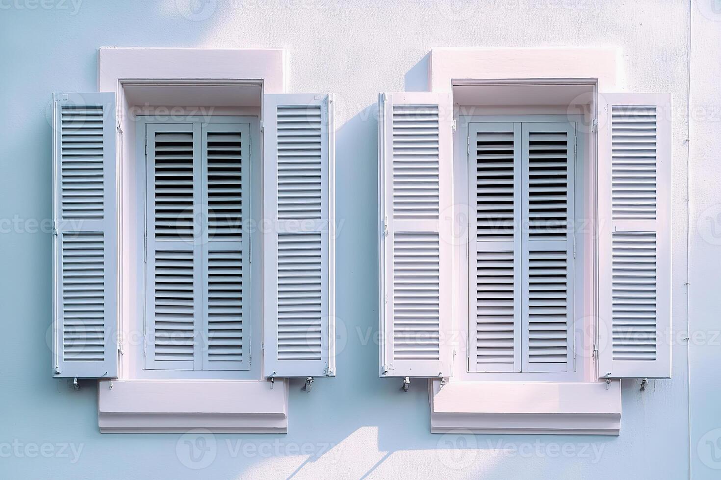 Elegant white shuttered windows on sunlit exterior wall. photo