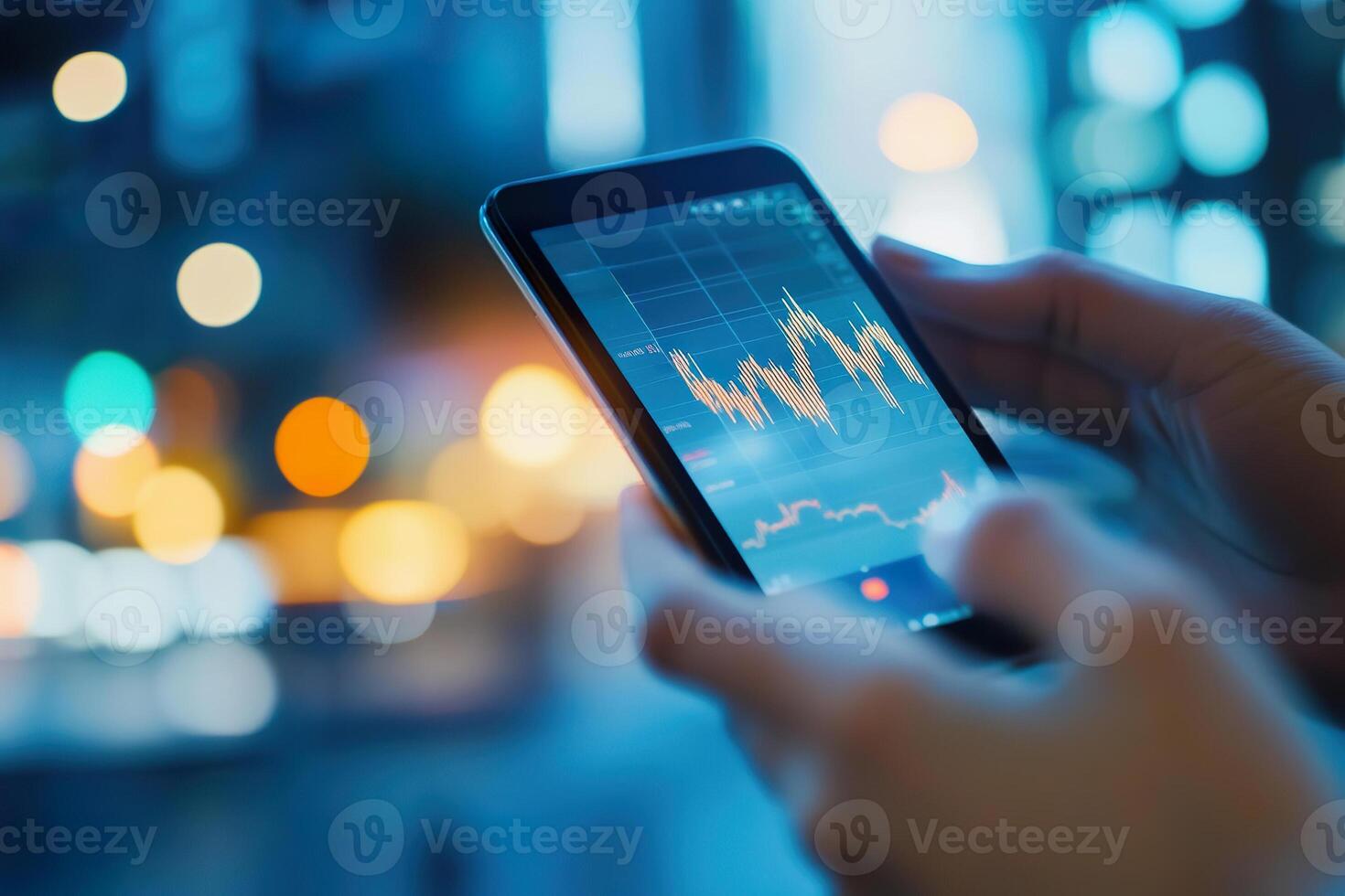 Hands using a smartphone to monitor stock market performance in a modern urban setting photo