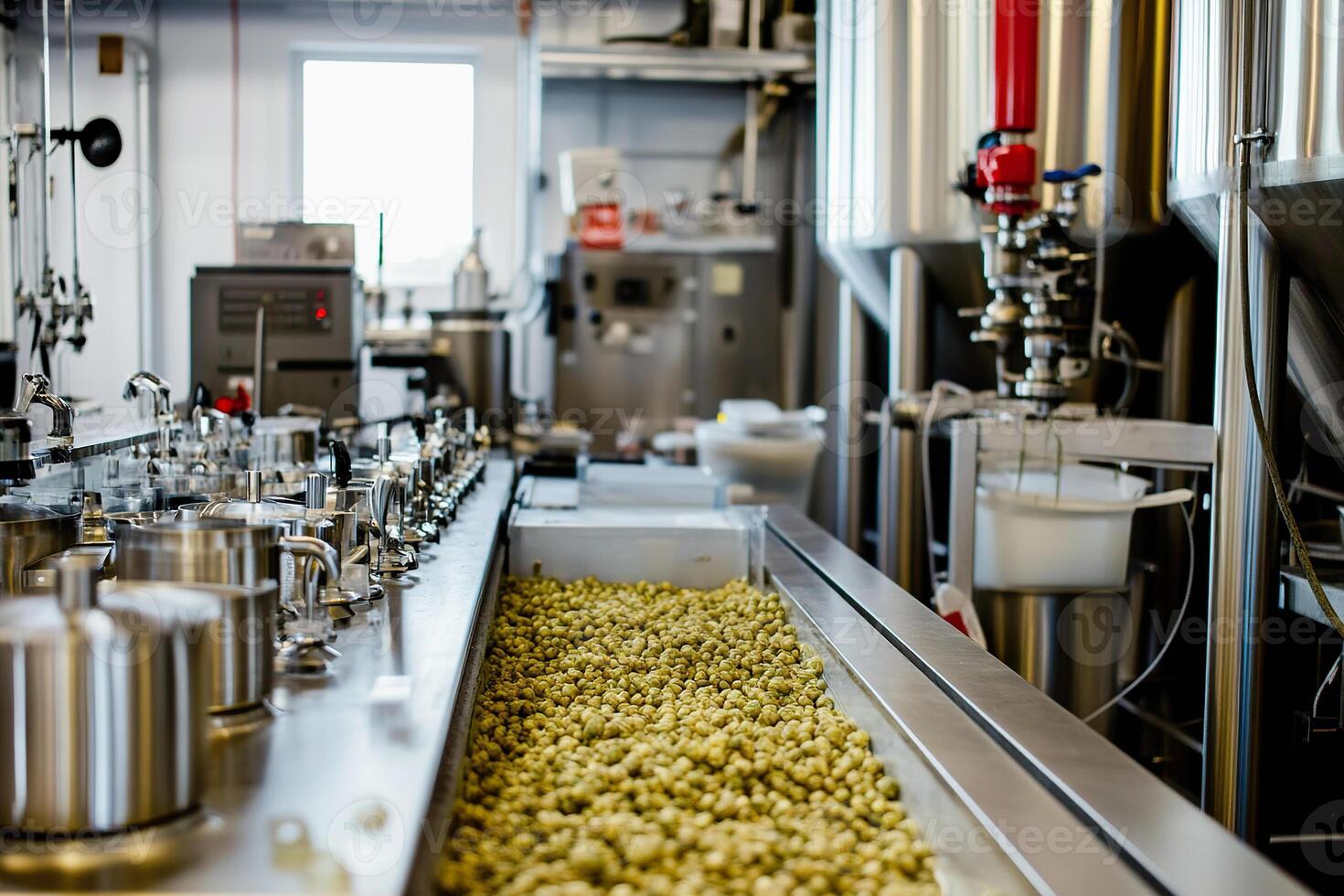Behind the scenes of the brewing process with hops and barley in a craft brewery setting. photo