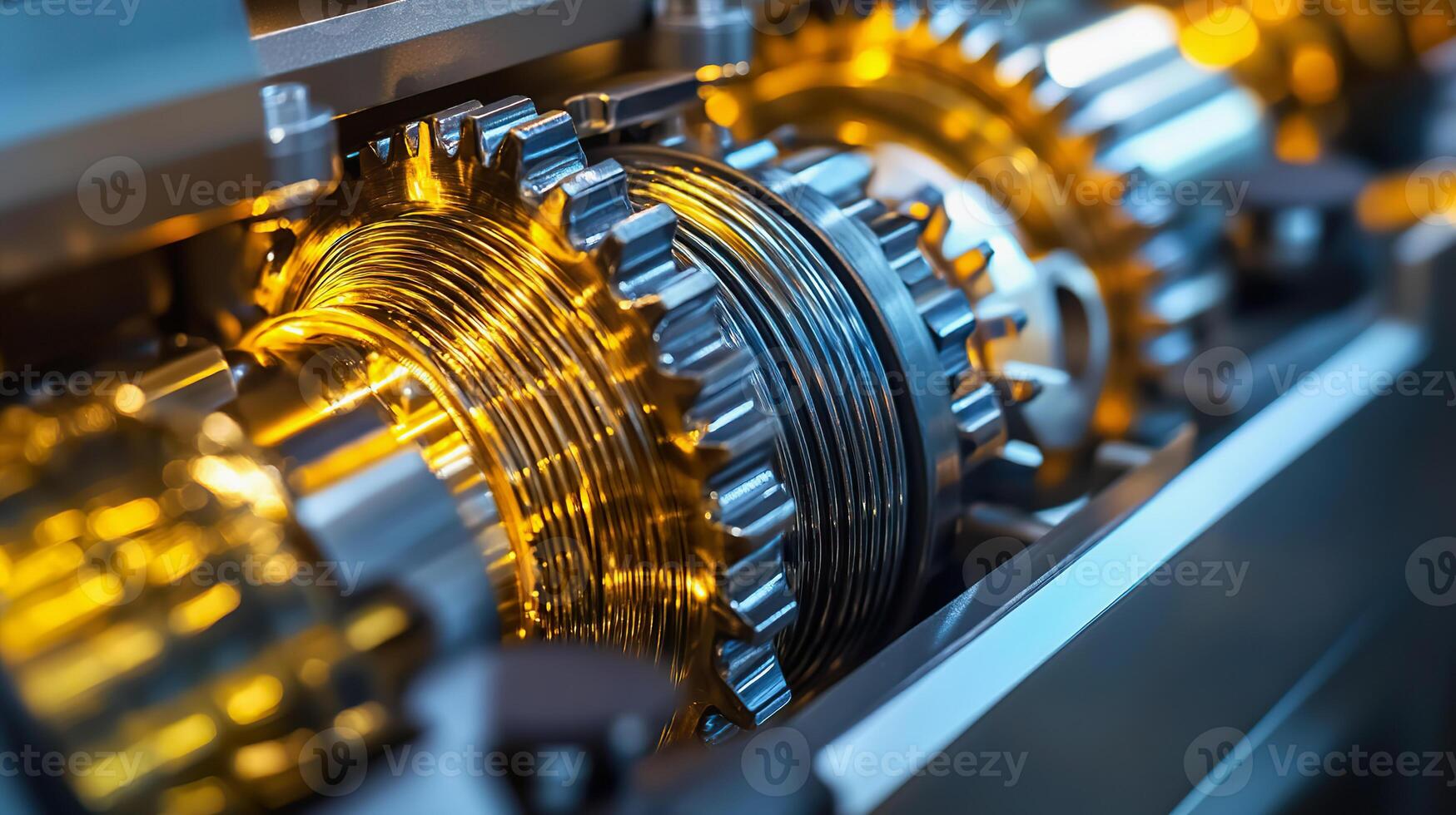 Close up view of interlocking gears in motion revealing intricate mechanical detail. photo