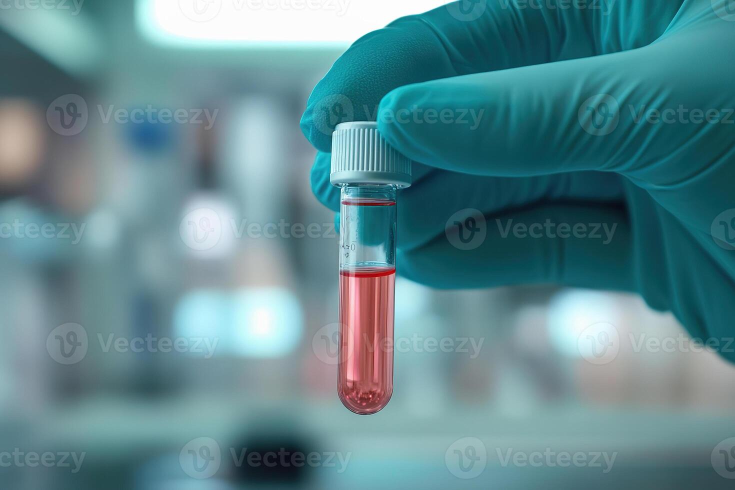 Scientist holds test tube with red liquid in research laboratory. photo