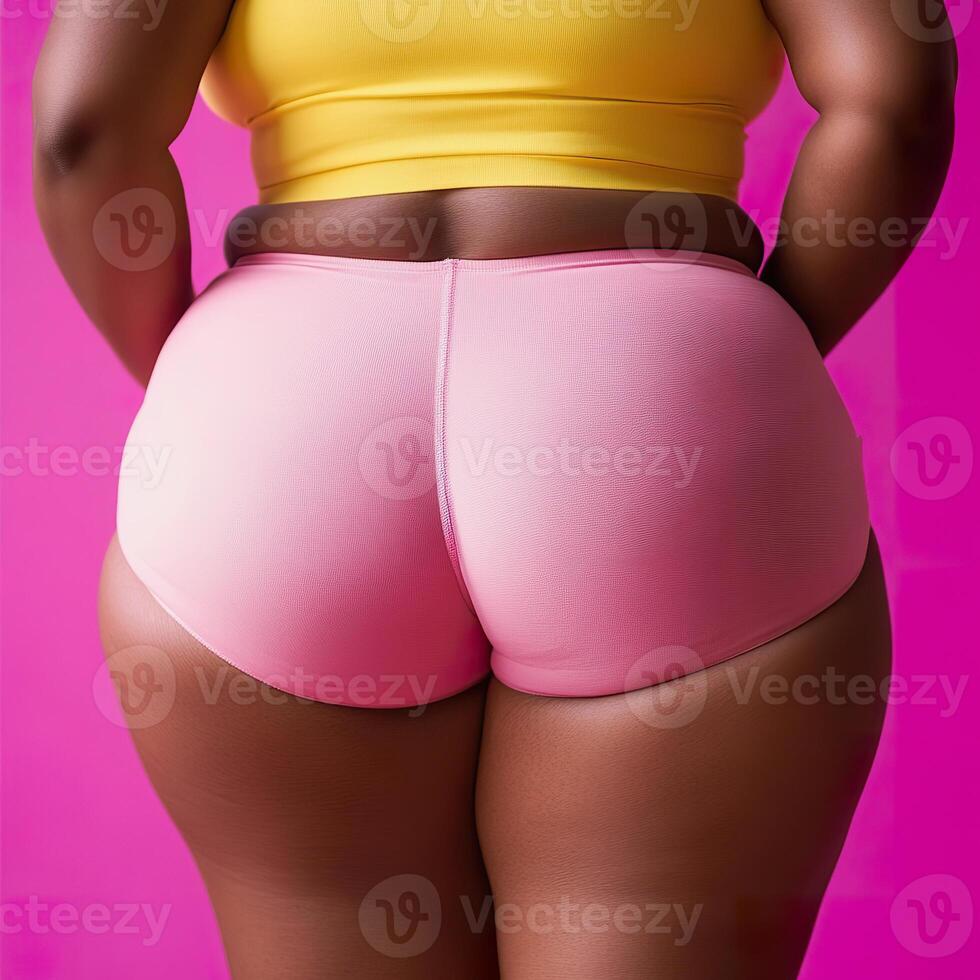 Multiracial woman weight loss progress and skin transformation, back view, bright backdrop. photo