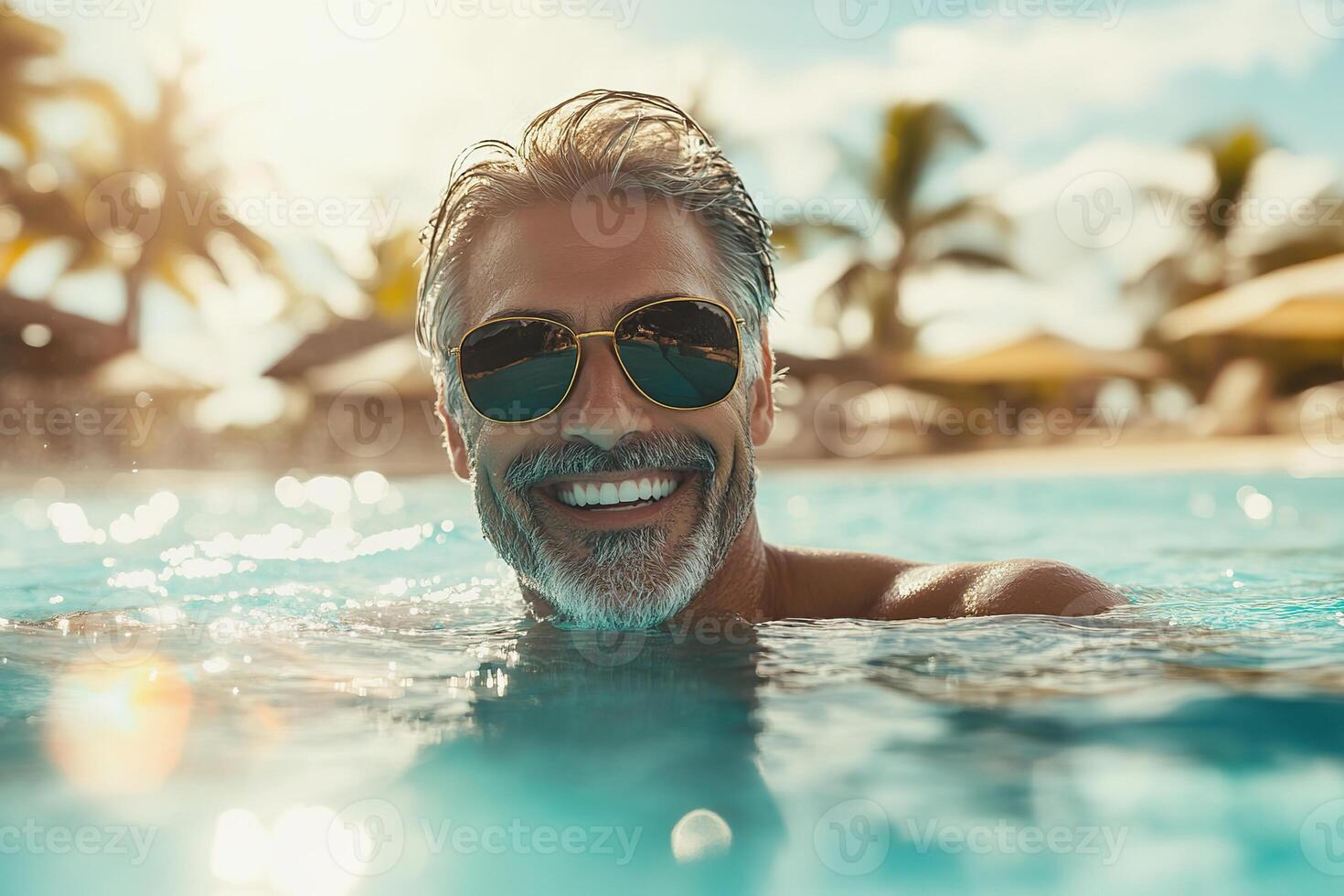 Smiling middle aged man in sunglasses enjoying a tropical resort pool on a sunny day. photo