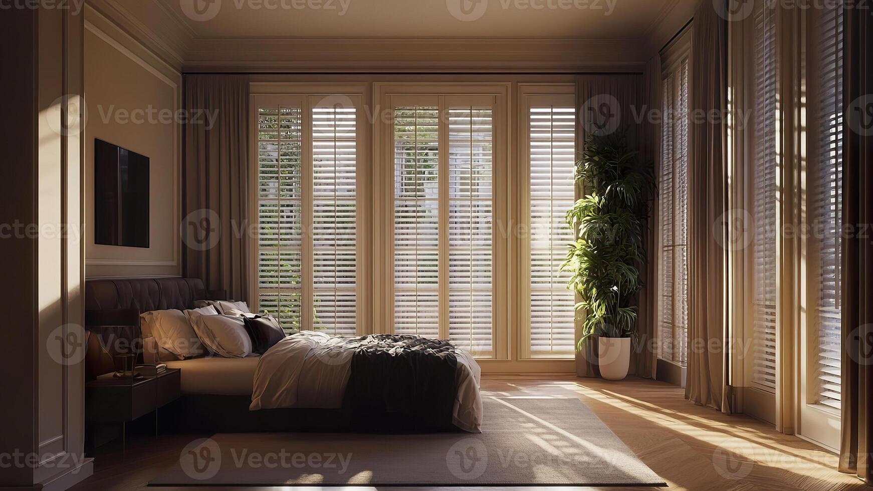 Cozy Sunlit Bedroom with Wooden Shutters and Large Houseplant in Modern Interior. photo