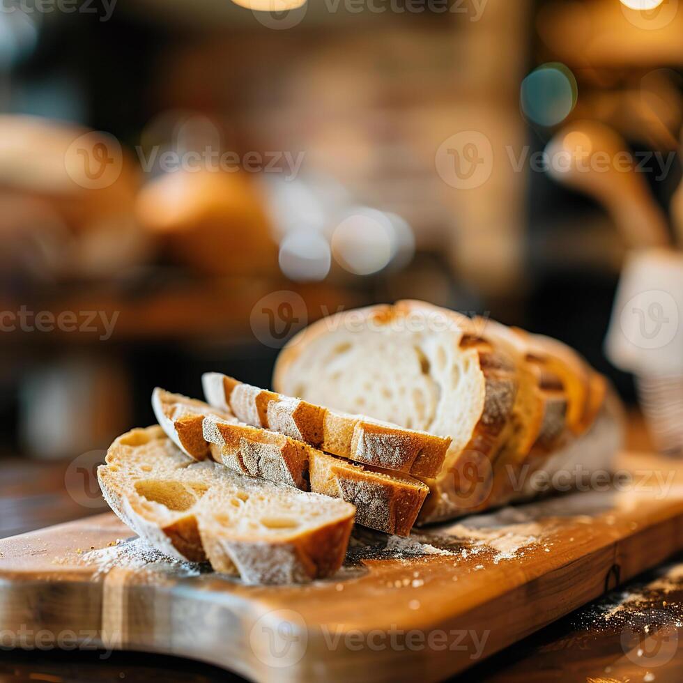 Sliced fresh artisan bread on wooden board in rustic kitchen setting with blurred background. photo