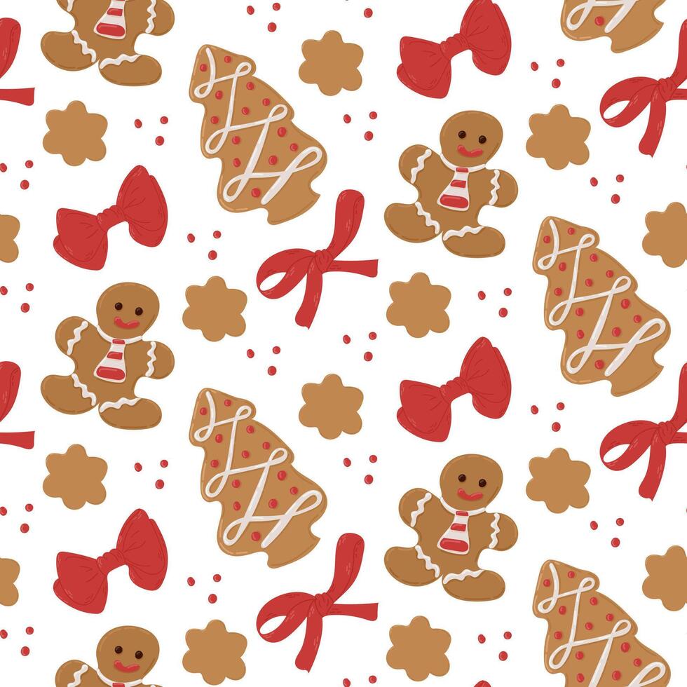 Christmas seamless pattern with hand drawn gingerbread cookies. Different kind of holiday cookies with red bows on white background. Holiday flat design for Christmas wrapping paper vector