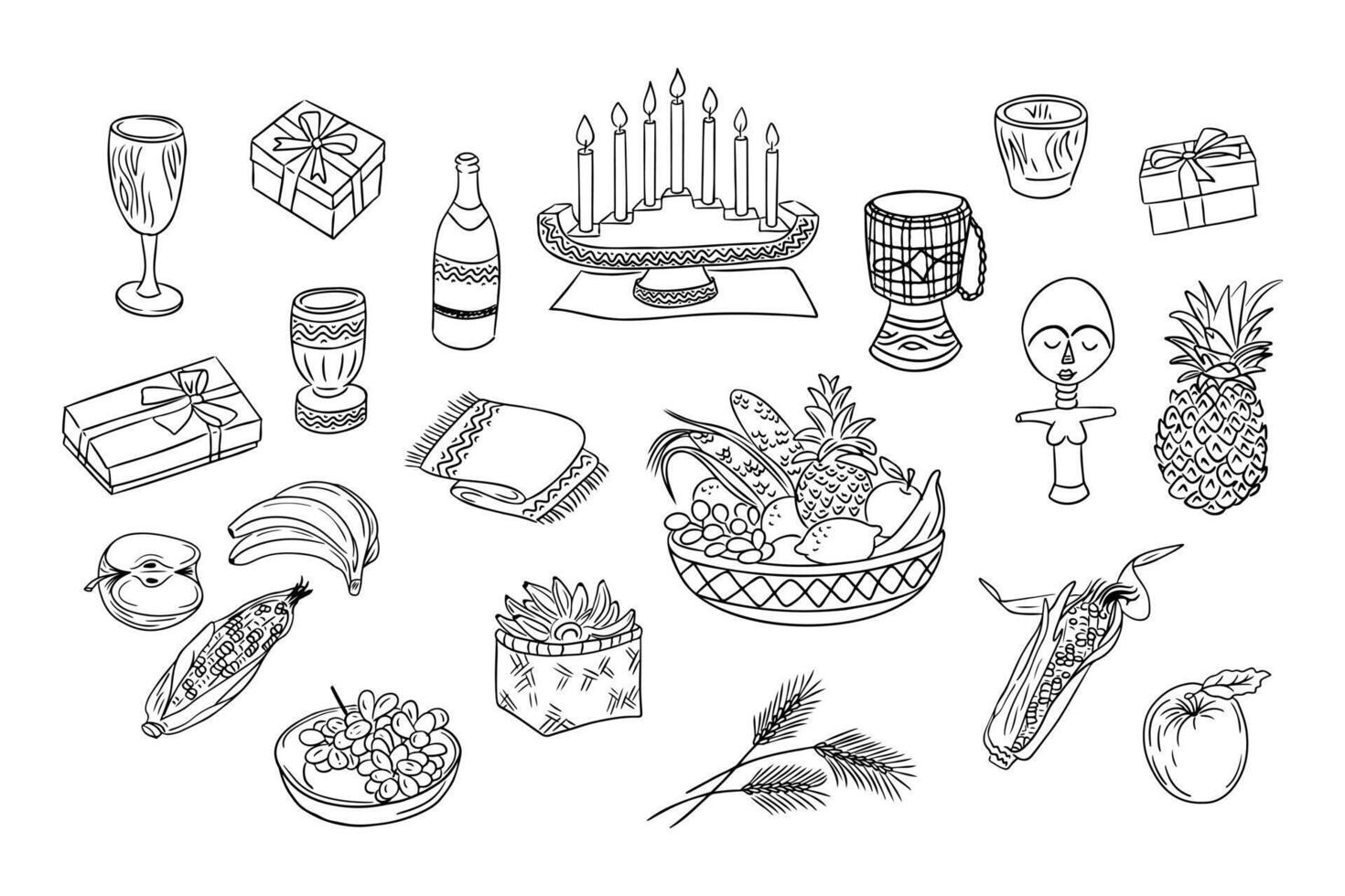 Kwanzaa doodle set with traditional elements. Candles, gifts, harvest, fruits and vegetable, drum, bottle and goblet. Hand drawn illustrations isolated on white background for coloring pages vector