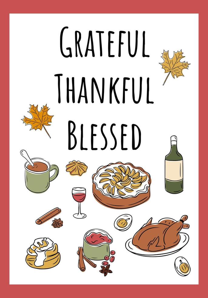 Thanksgiving banner with doodle food illustrations such as roasted turkey, apple pie, cranberry sauce, creating a cheerful and seasonal holiday greeting vector