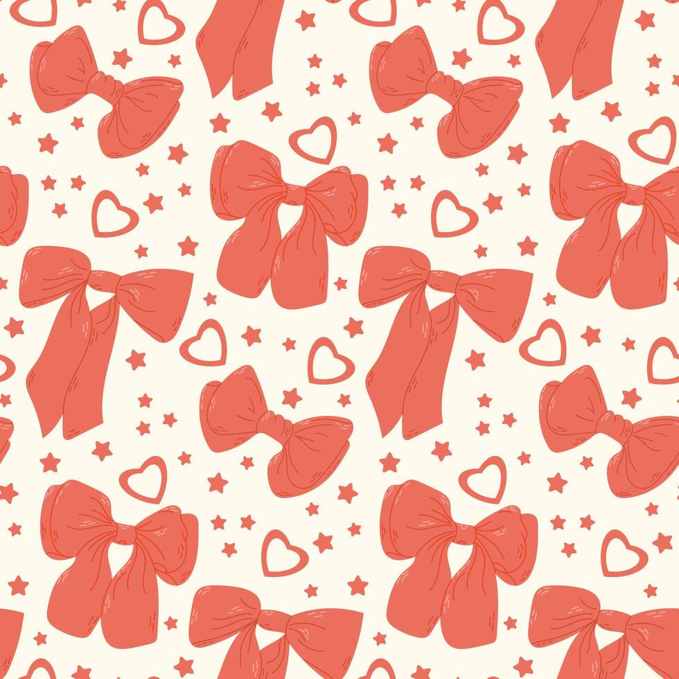 Seamless pattern of red bows with hearts and stars on light background, creating a cute and playful design suitable for festive or girly themes. St Valentines day illustration vector