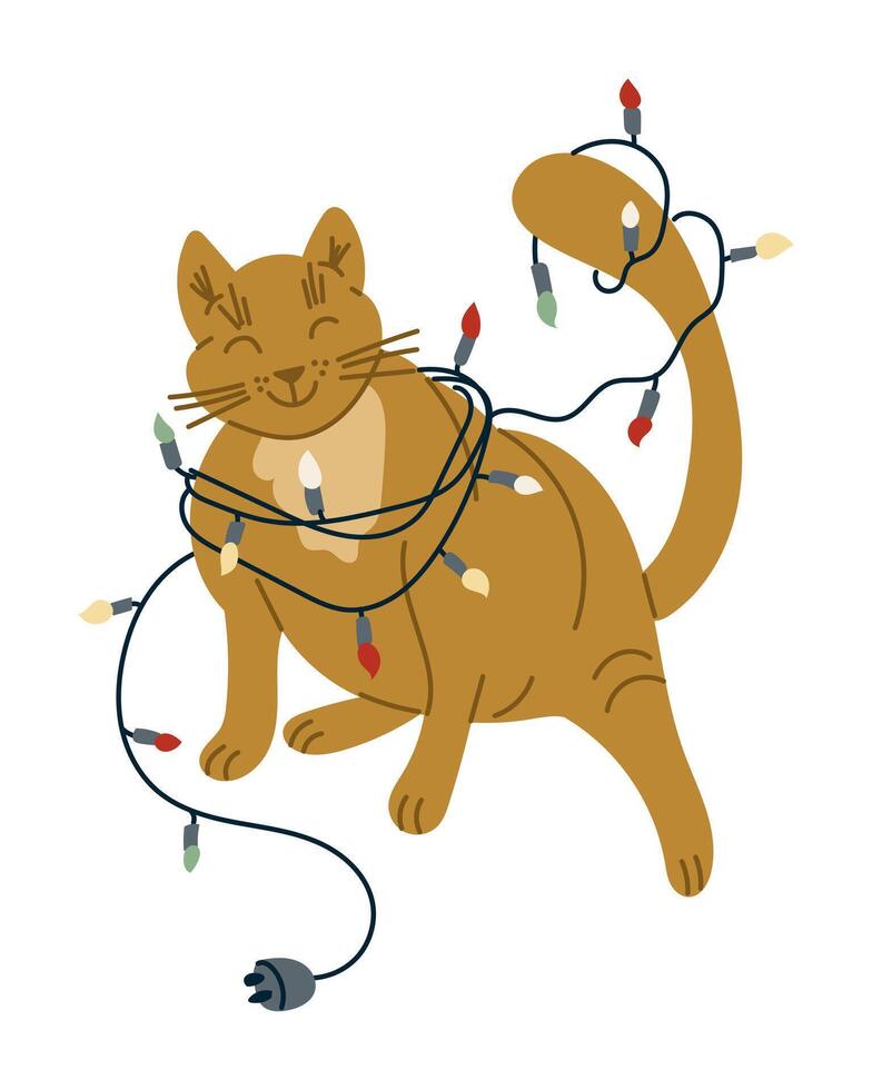 Funny hand drawn cat with Christmas garland with colorful bulbs. Childish holiday illustration isolated on white background. Flat design for Christmas decoration and stickers vector