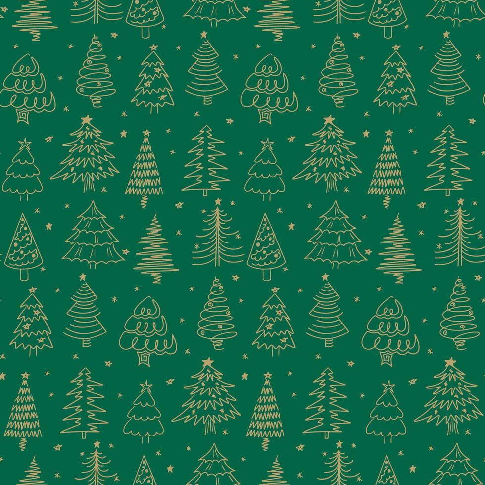 Seamless Christmas pattern with outline doodle Christmas trees and stars on green background, ideal for children designs and fabric vector