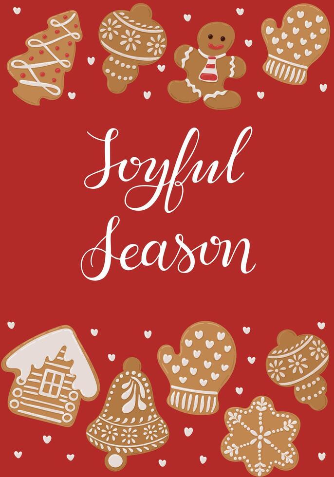 Christmas banner with flat gingerbread cookies and seasonal holiday greeting. Hand drawn composition on red background. Hand drawn calligraphy Joyful Season vector