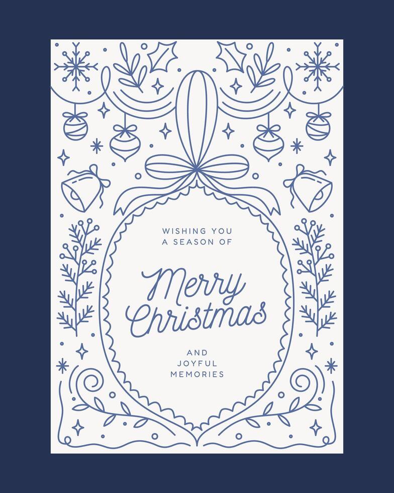 Christmas Greeting Card in Elegant Blue Line Art with Festive Ornaments, Ribbon, and Joyful Memories Message vector