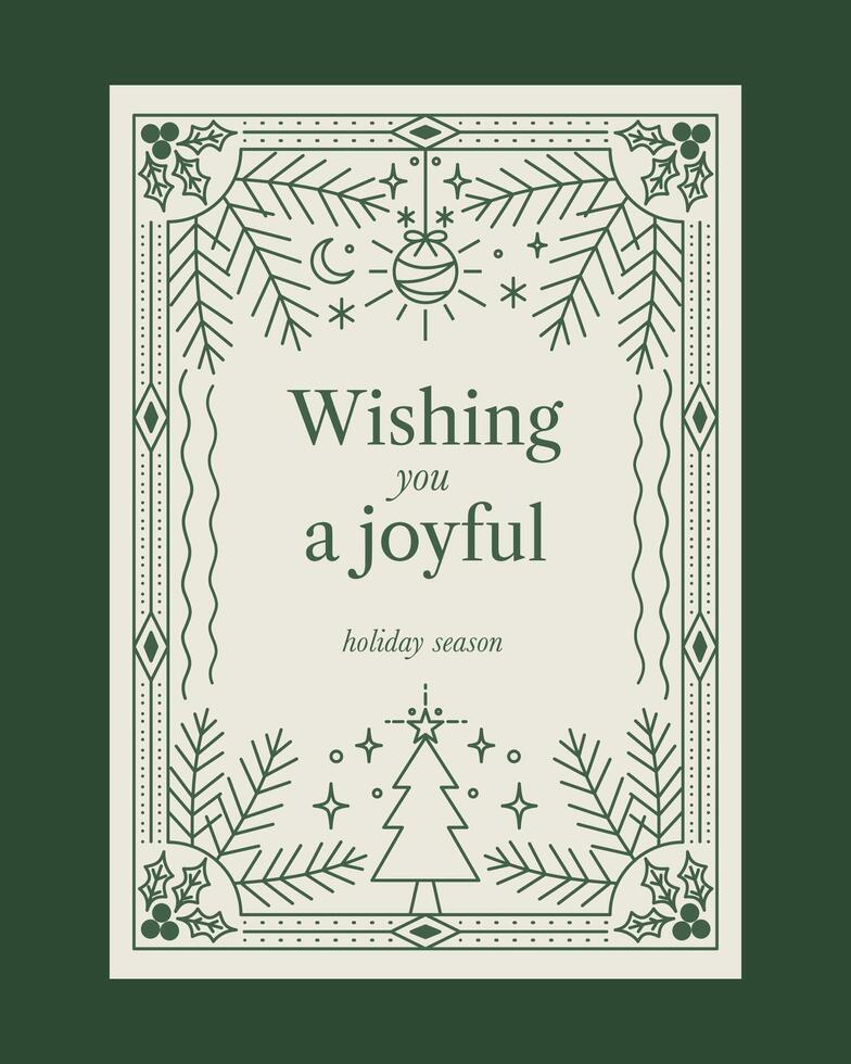 Minimalist Christmas Greeting Card with Elegant Line Art Design Featuring Festive Holiday Elements in Green and Cream vector