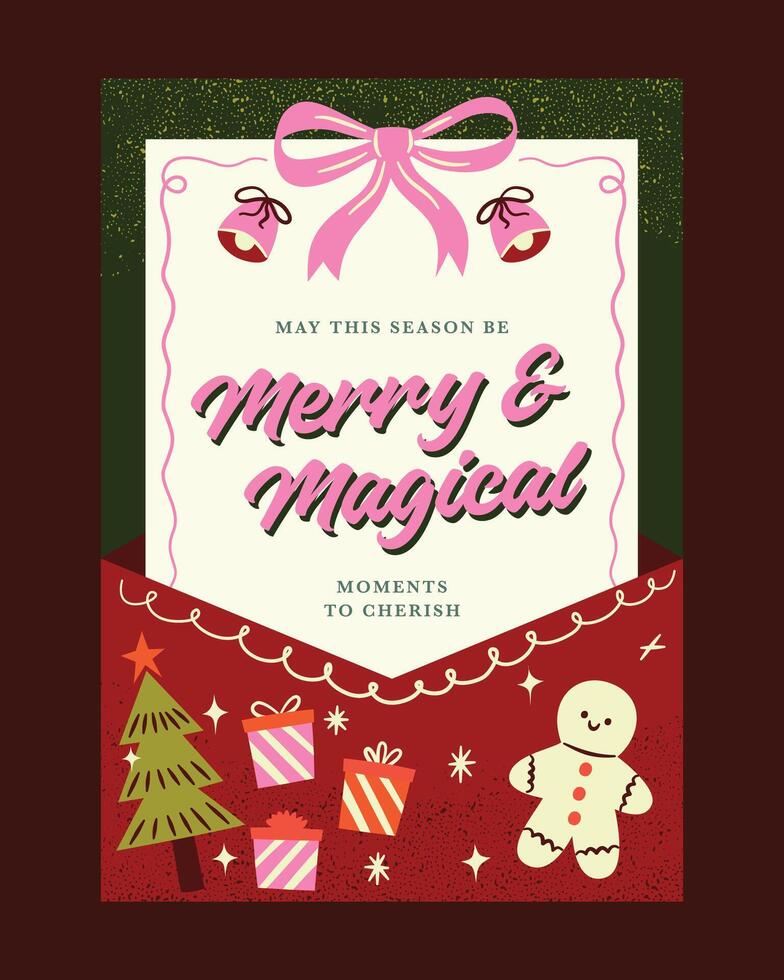 Festive Christmas Card Poster with Merry and Magical Message, Holiday Icons, and Decorative Border vector