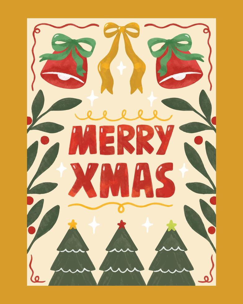 Christmas Greeting Card with Watercolor Bows, Bells, and Xmas Trees vector