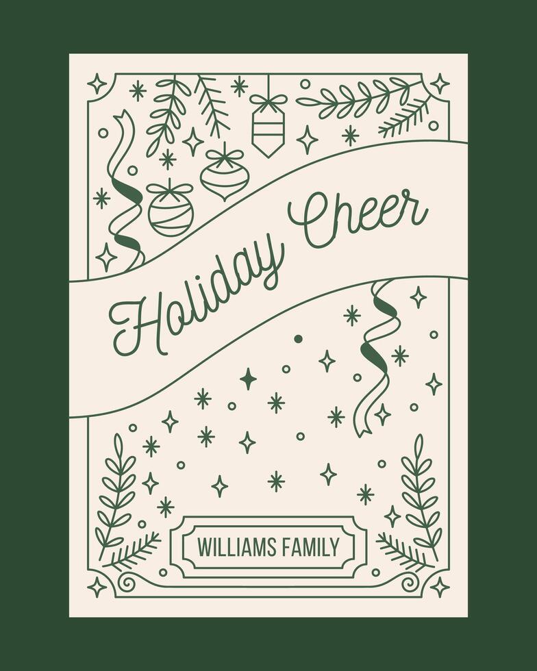 Minimalist Holiday Cheer Christmas Greeting Card in Elegant Line Art with Festive Green Accents and Personalized Family Name vector