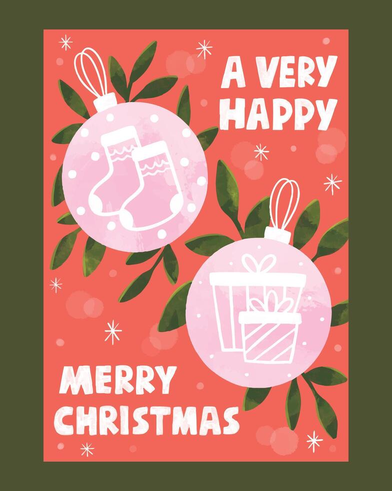 Christmas Greeting Card with Watercolor Ornaments and Happy Message vector
