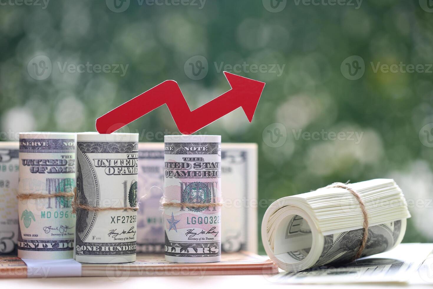 Financial, Red arrow graph and banknotes on natural green background, Business investment and Risk management concept photo