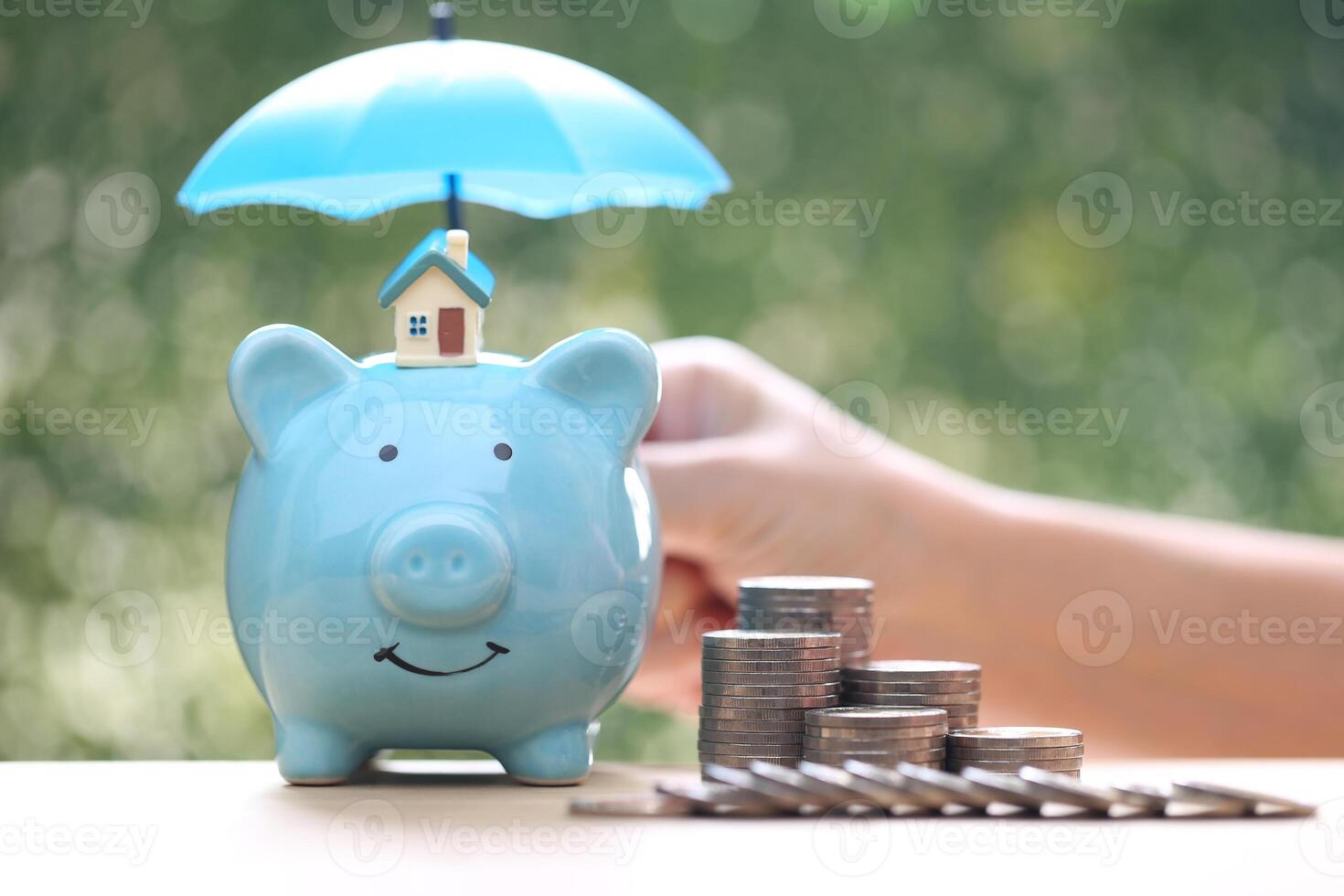 Model house on piggy bank with stack of coins money on nature green background,Business investment and real estate concept photo
