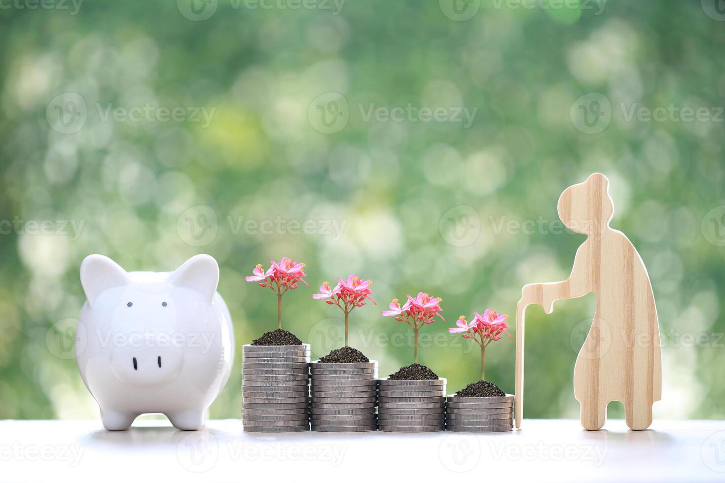 Mutual fund,Senior and piggy bank on natural green background, Save money for prepare in future and pension retirement concept photo