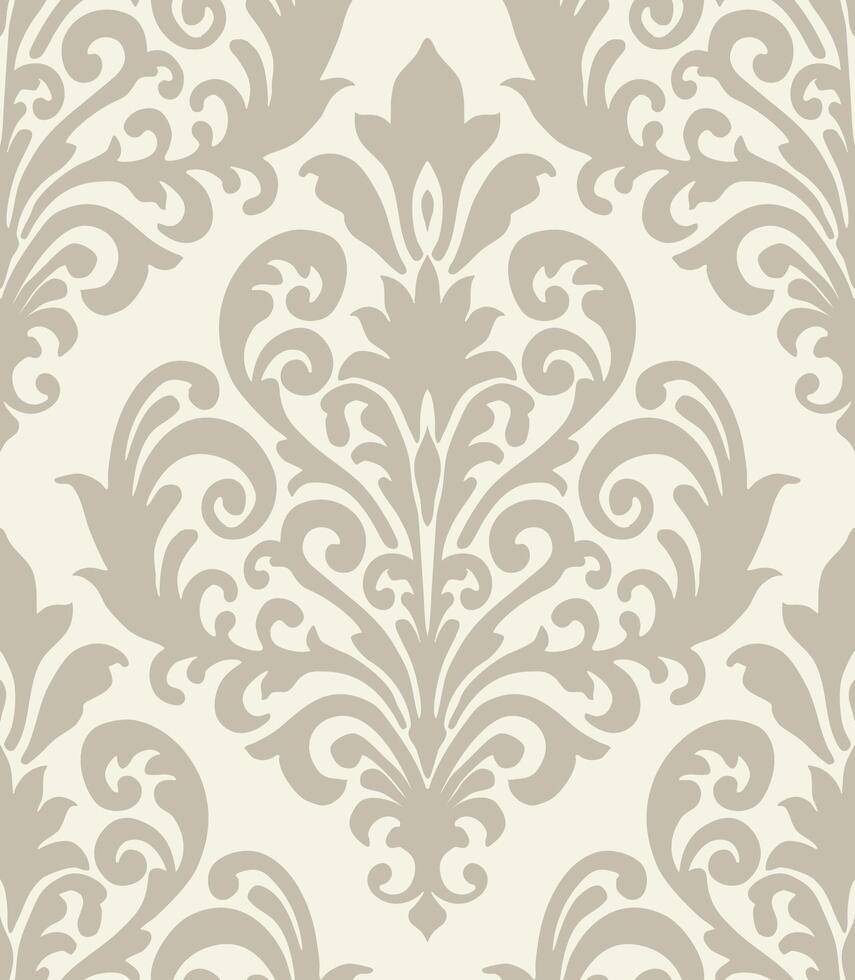 Beige damask floral pattern on a light cream background with symmetrical ornamental design. Damask seamless pattern. vector