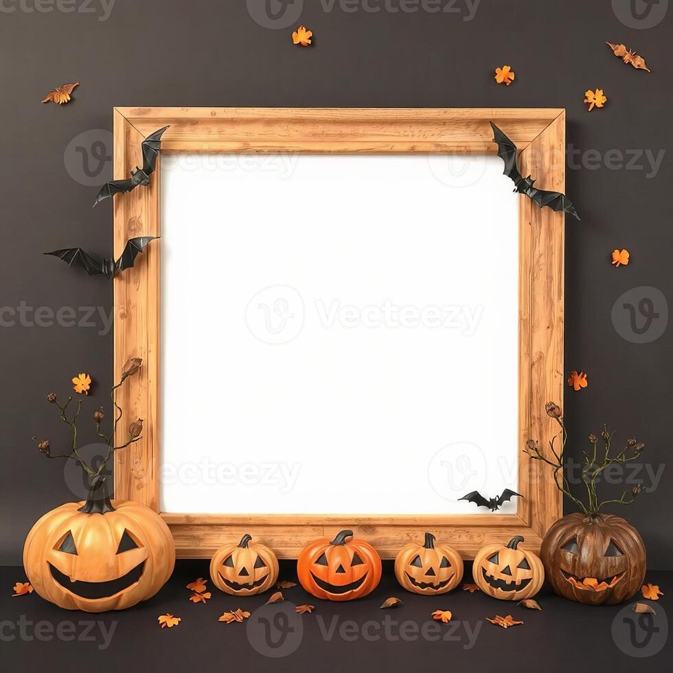 Halloween pumpkin frame with an orange cartoon design featuring bats, perfect for invitations and decorations in October photo