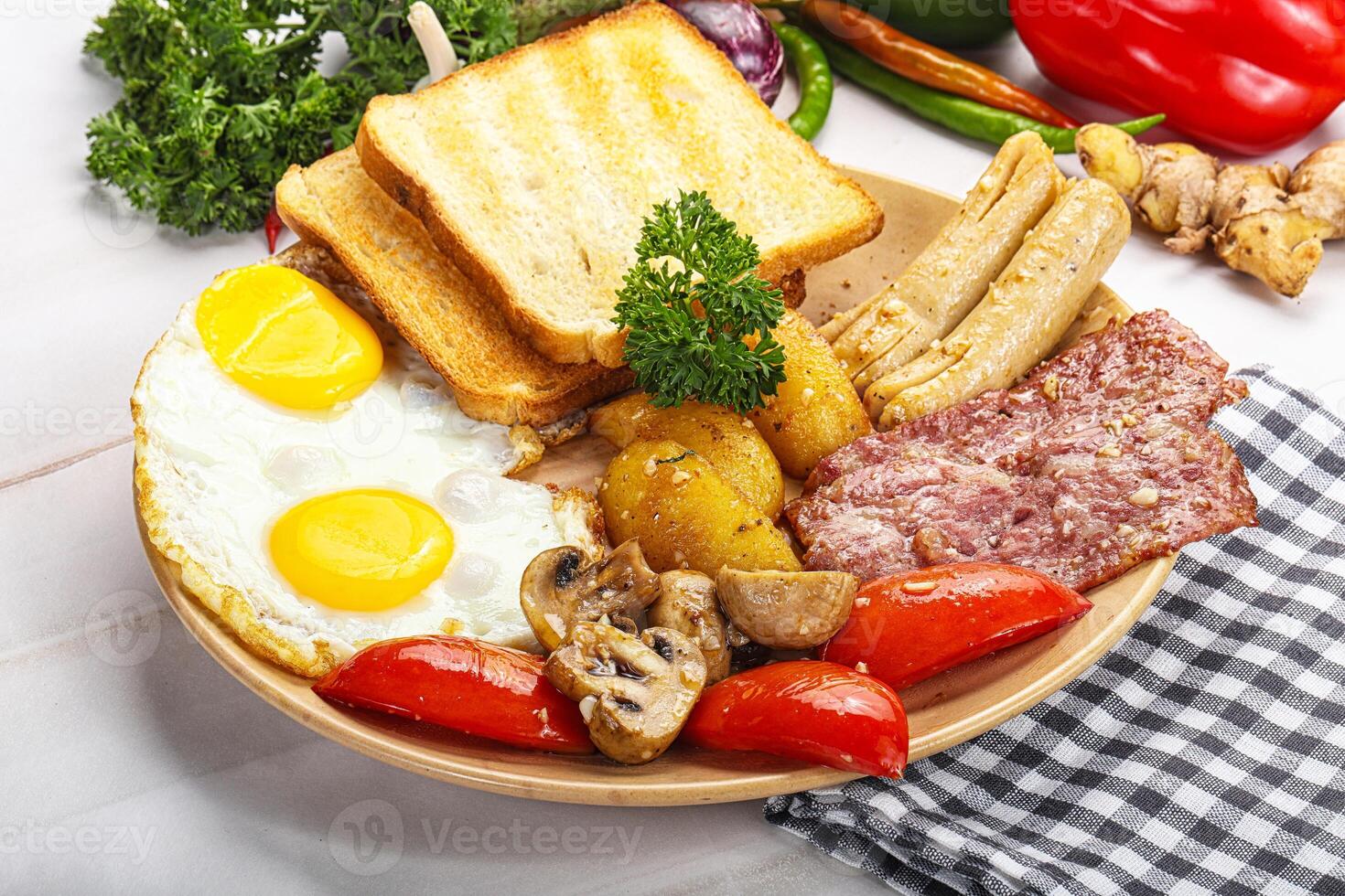 English breakfast with toast, egg and sausages photo