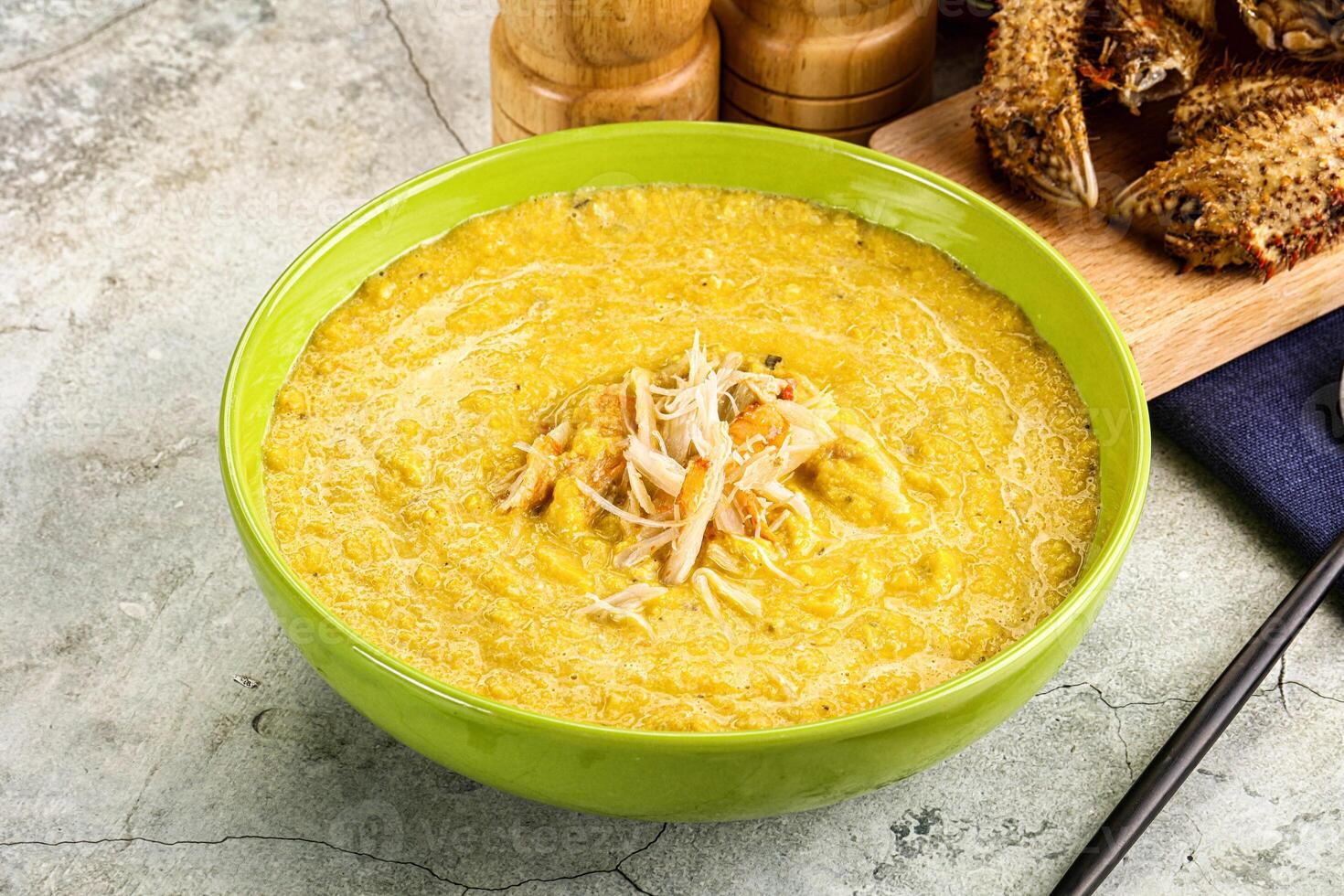 Corn cream soup with crab photo