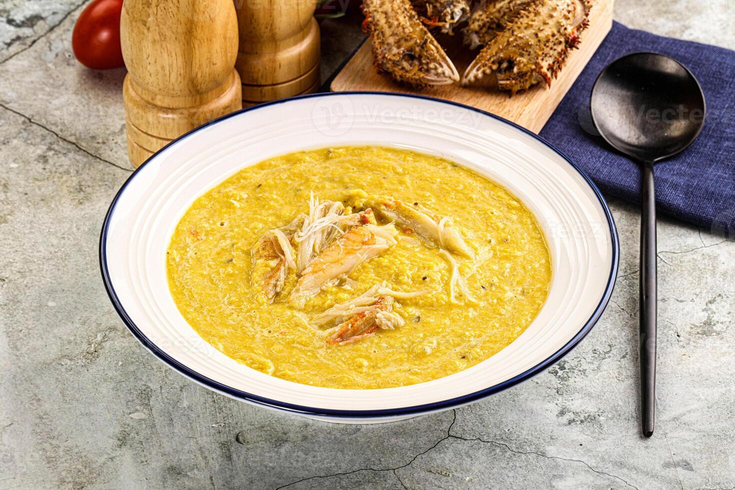 Corn cream soup with crab photo