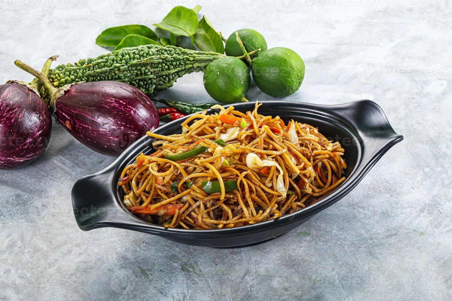 Stir fried noodles with vegetables photo