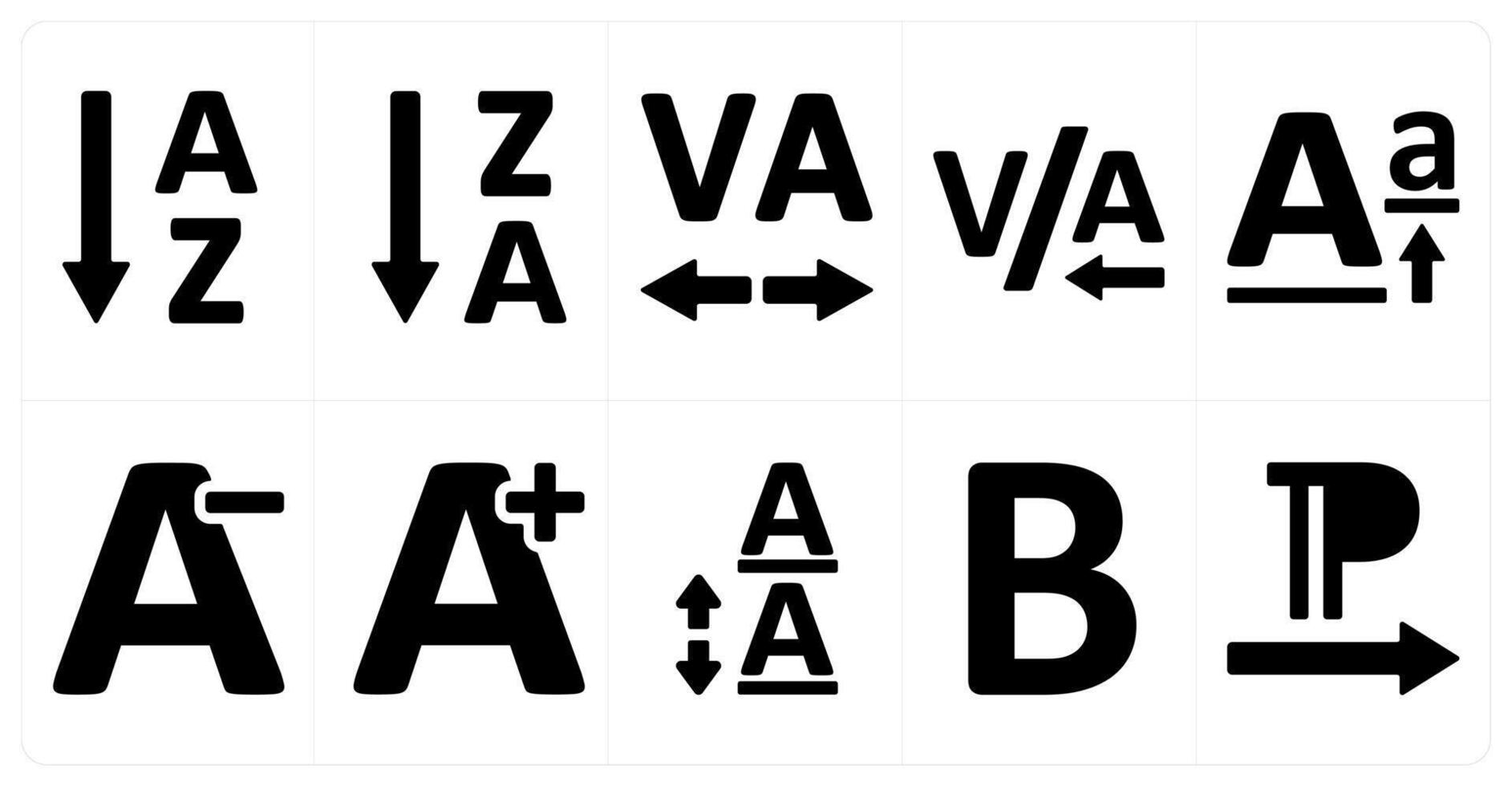 A set of 10 editing tools icons as ascending sorting, descending sorting, letter spacing vector