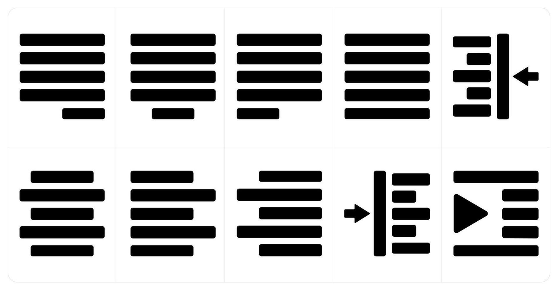 A set of 10 editing tools icons as right justified, center justified, left justified vector