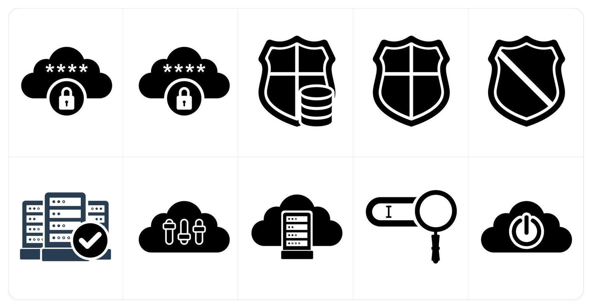 A set of 10 big data icons as server profile, cloud encryption, server security vector