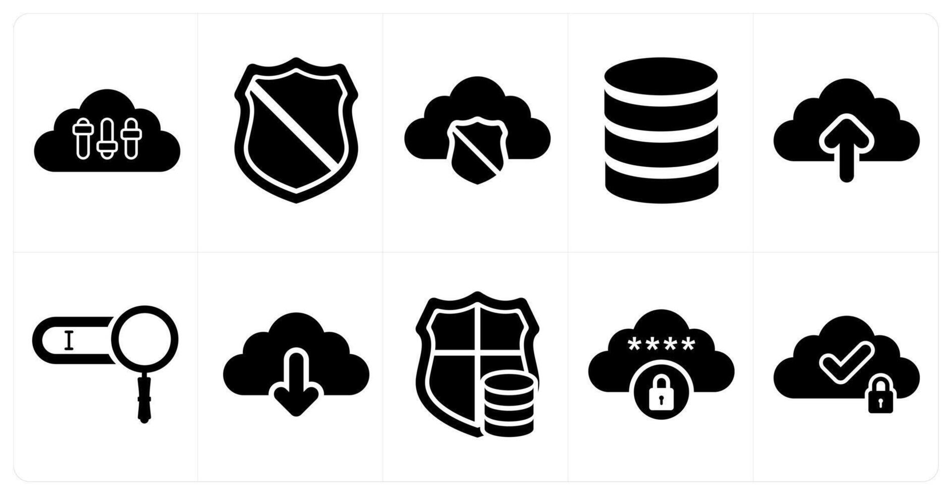 A set of 10 big data icons as cloud setting, shield, cloud security vector