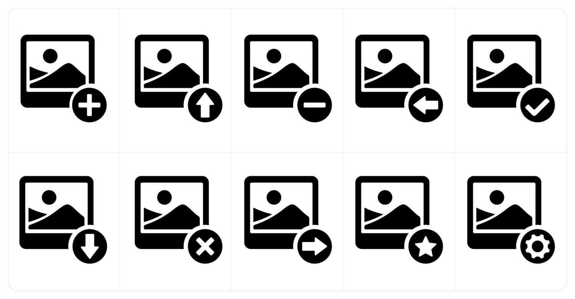 A set of 10 image icons as add image, upload image, remove image vector