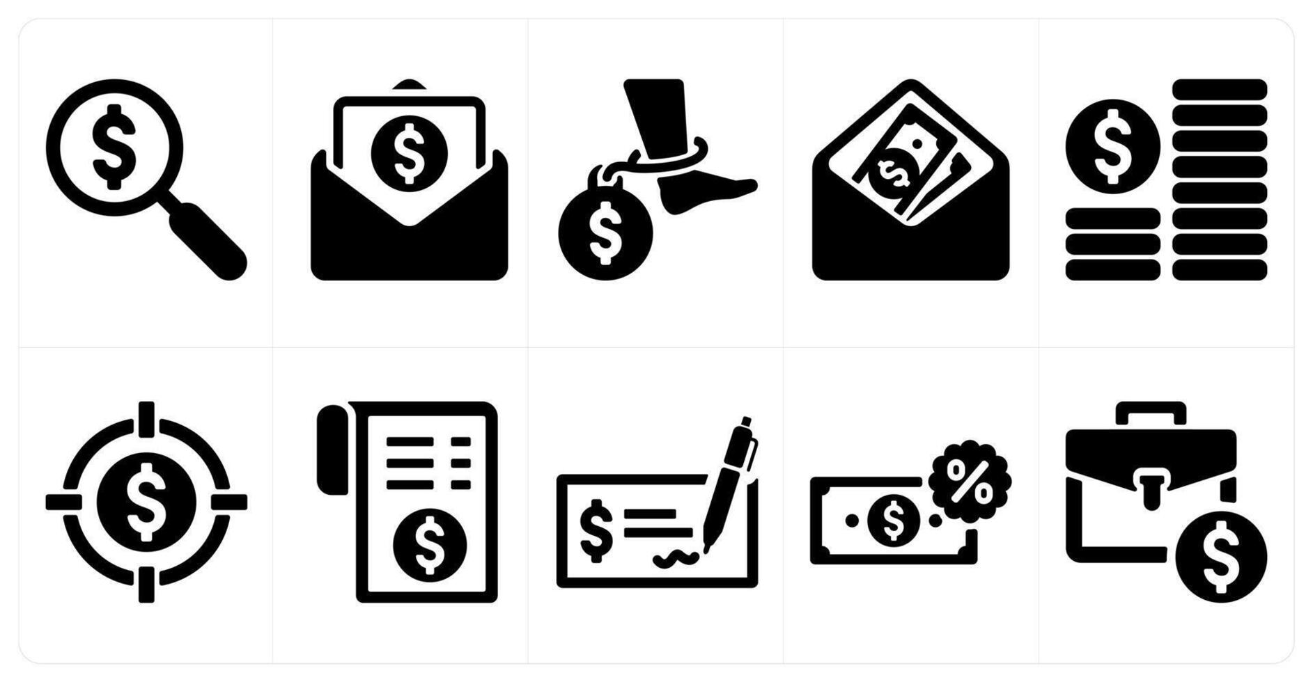 A set of 10 finance and money icons as search investment, banking, debt vector