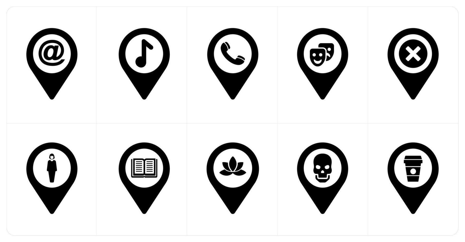 A set of 10 Location Pointer icons as email, audio, call vector