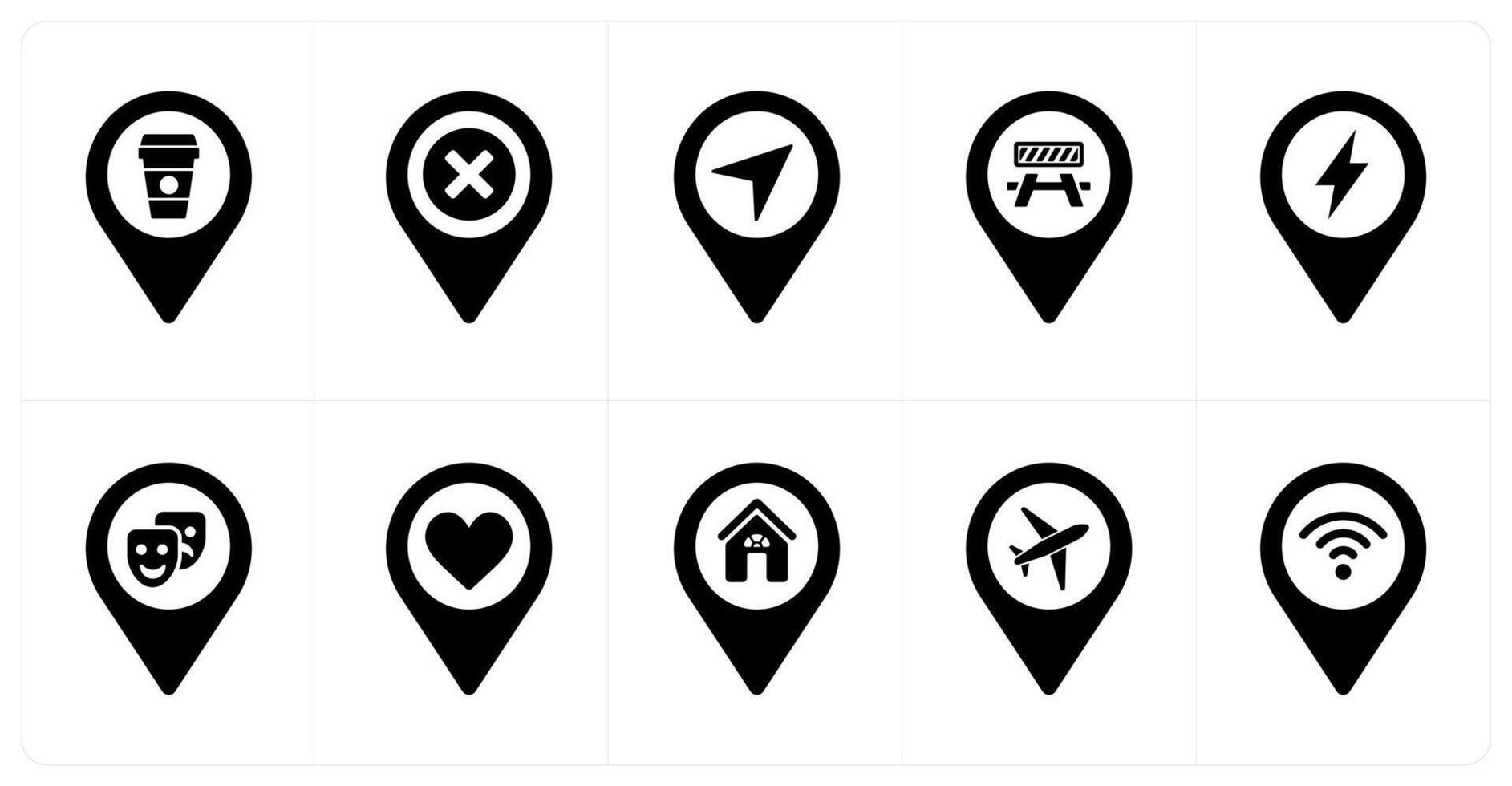 A set of 10 Location Pointer icons as beverage, delete, direction vector