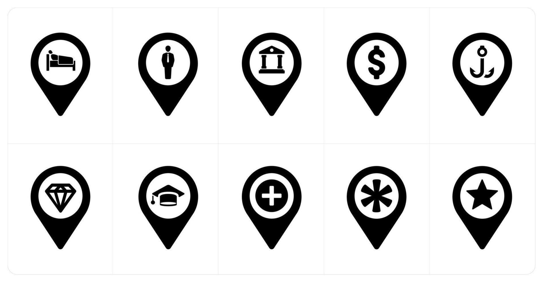 A set of 10 Location Pointer icons as rest house, human, bank vector