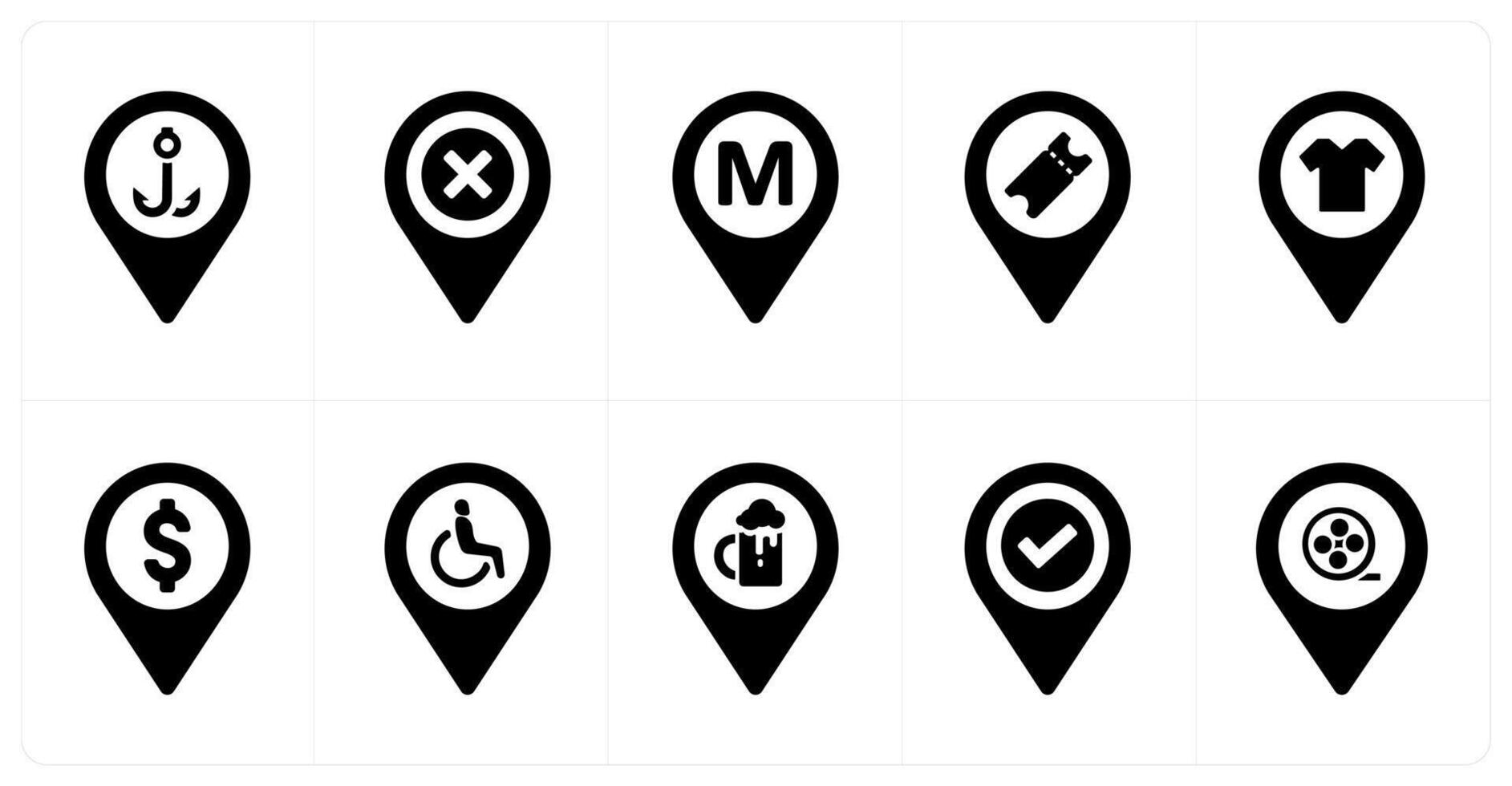 A set of 10 Location Pointer icons as anchor, delete, metro station vector