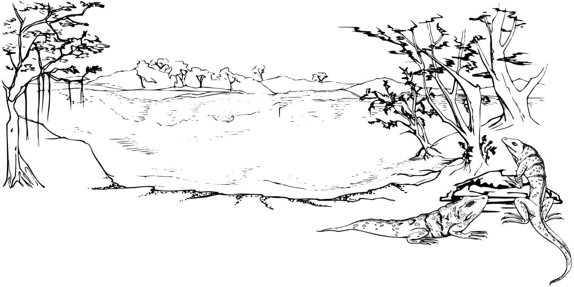 Jungle rainforest Amazon river lake shore with trees, mountains hills backdrop, iguana lizards. Hand drawn ink illustration, isolated scenic landscape. Design travel, vacation brochure, camping vector