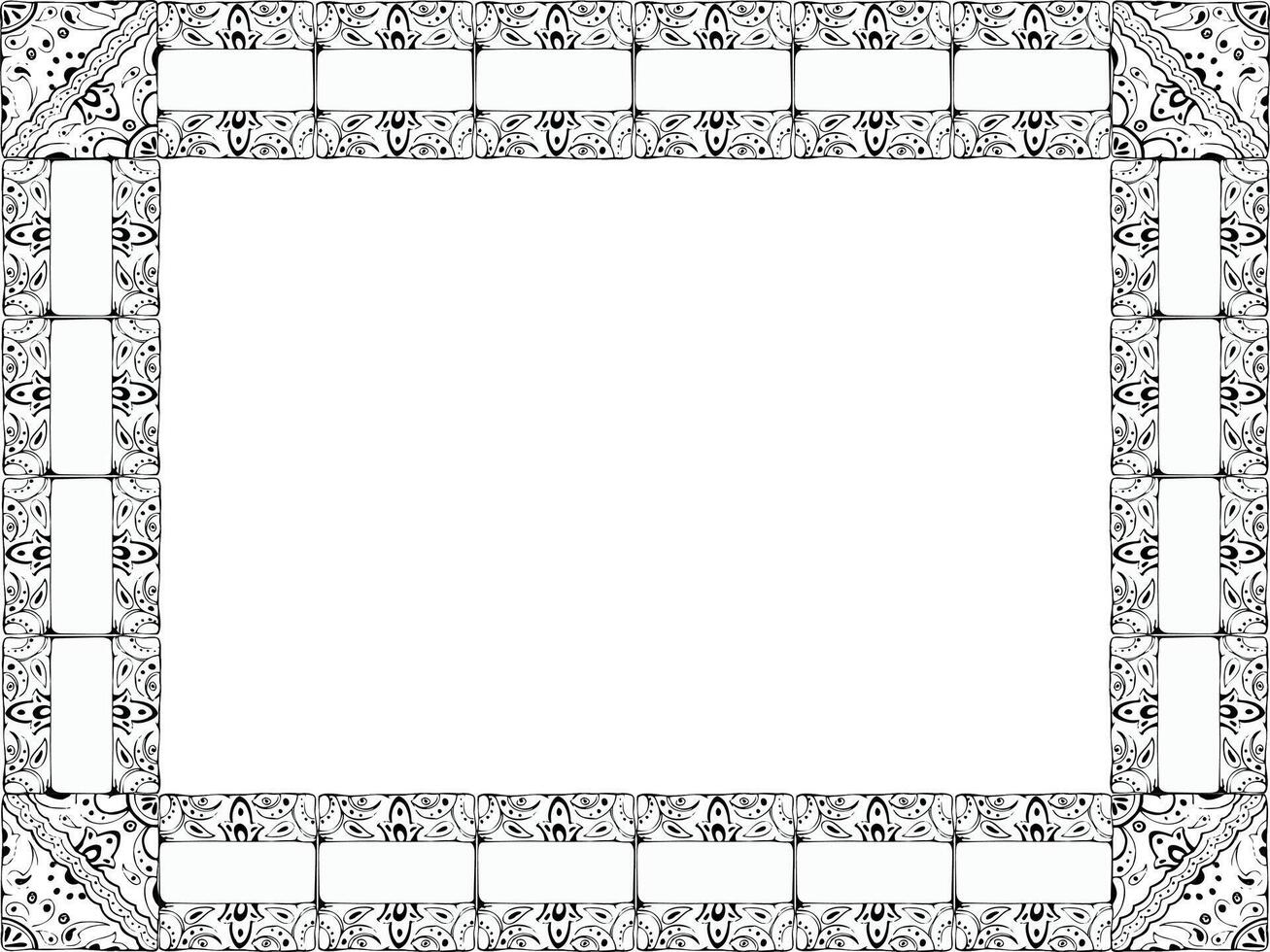 Mexican Arabic Mediterranean Moroccan mosaic motif, azulejo wall floor glazed tile ornament. Isolated card border frame. Hand drawn ink illustration. Design brochure, home decor architecture vector
