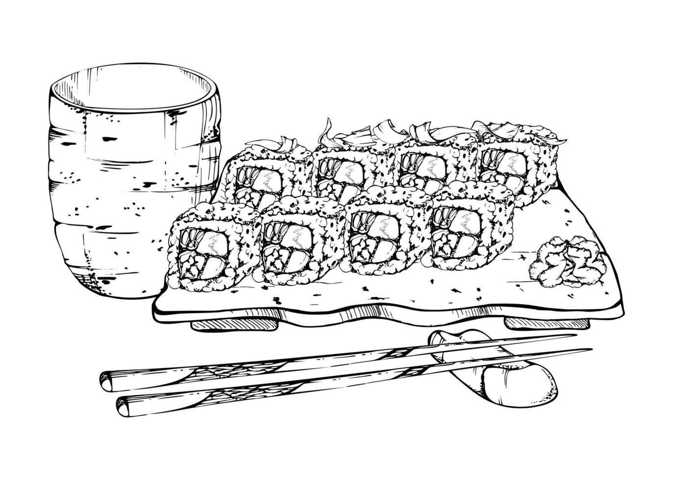Japanese food sushi roll set on ceramic plate, chopsticks on rest, matcha tea, raw fish salmon shrimp avocado tuna sesame, hand drawn in pen, ink. Illustration restaurant cafe menu, recipe book vector